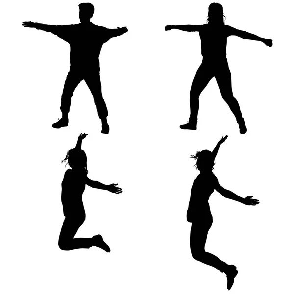 Silhouette de jeunes sautant les mains en l'air, mouvement — Image vectorielle