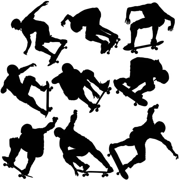 Установить черный силуэт спортсмена скейтбордиста в прыжке — стоковый вектор