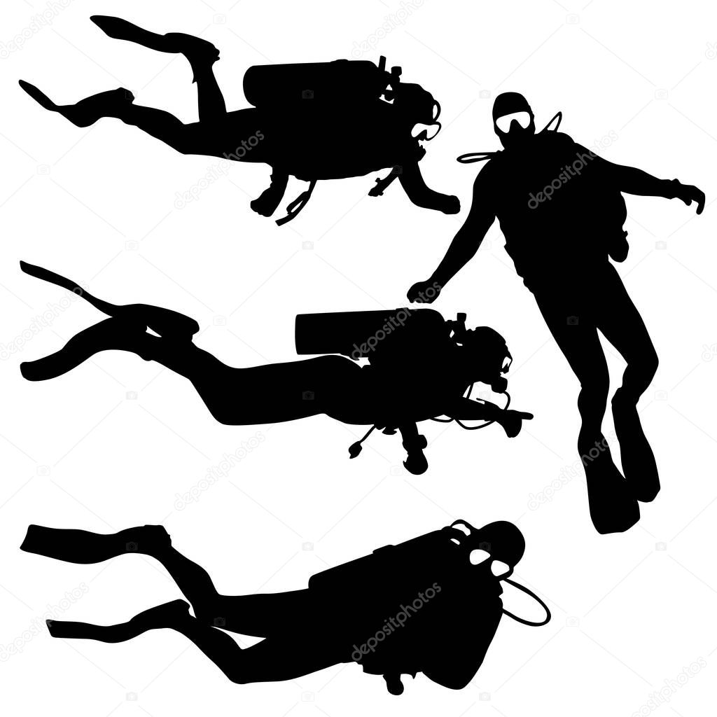 Black set silhouette scuba divers on a white background
