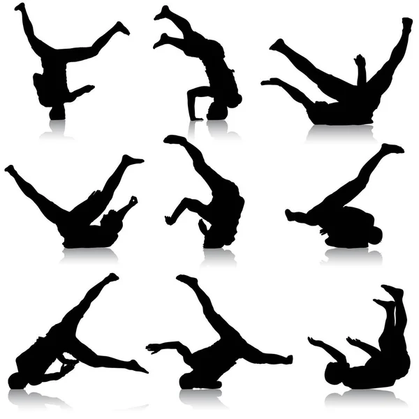 Set nero sagome breakdancer su sfondo bianco — Vettoriale Stock