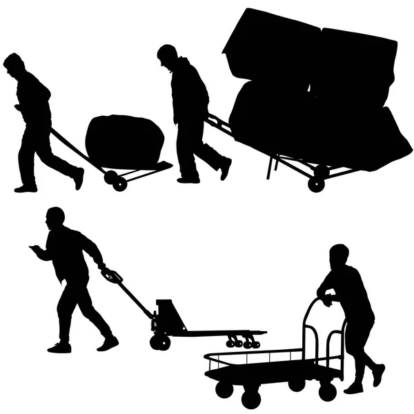 Conjunto negro silueta duro trabajador empujando carretilla y llevar gran caja aislada sobre fondo blanco — Vector de stock