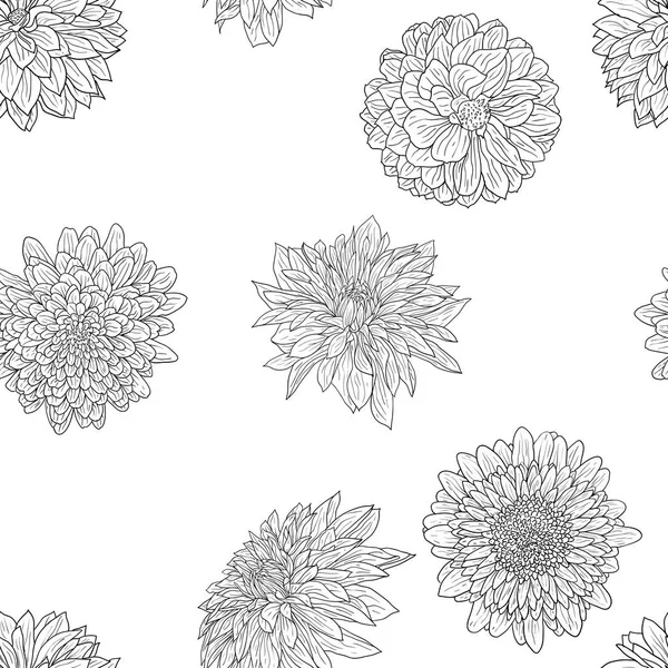 Bonito esboço monocromático, papel de parede sem costura flor dahlia preto e branco — Vetor de Stock