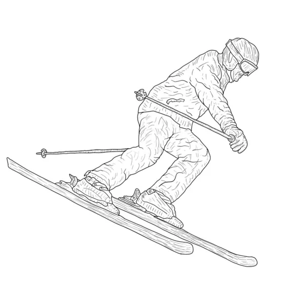 Esquisse de silhouette de skieur de slalom de montagne sur fond blanc — Image vectorielle