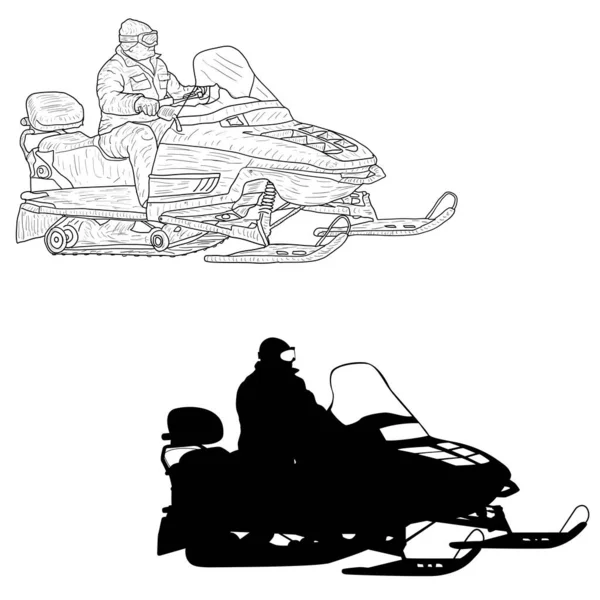 Snowmobile com esboço de silhueta de motorista no fundo branco —  Vetores de Stock