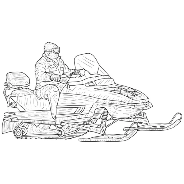 Snowmobile com esboço de silhueta de motorista no fundo branco — Vetor de Stock