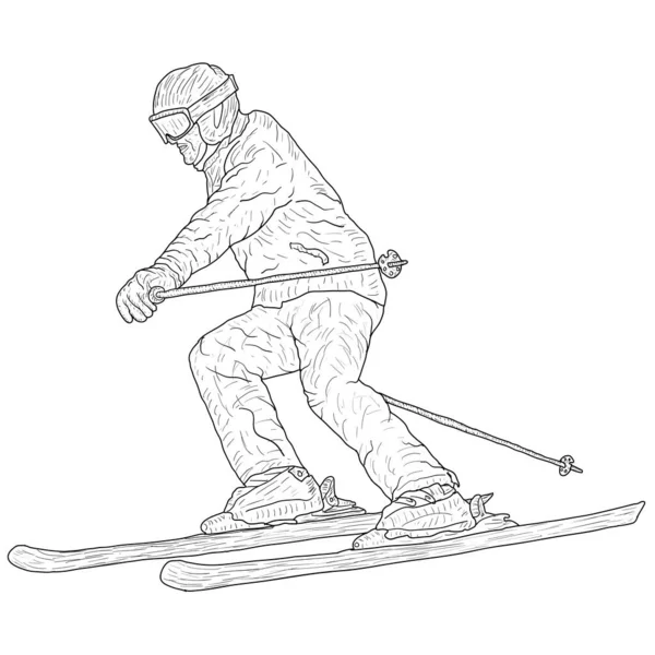 Bosquejo de silueta de esquiador de slalom de montaña sobre fondo blanco — Vector de stock