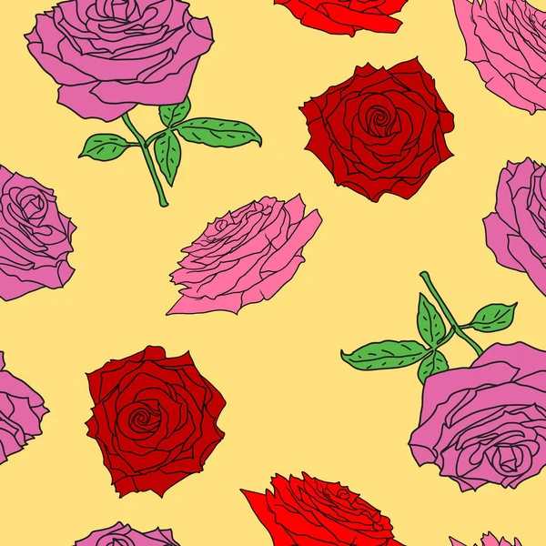 Hermosa inconsútil de diferentes colores de rosas y hojas — Vector de stock