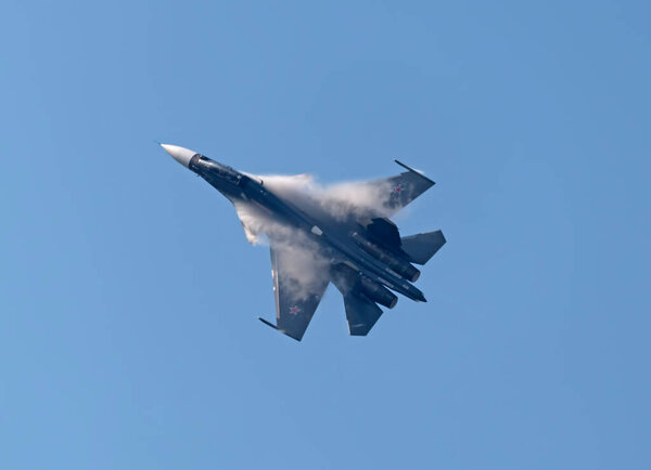 Moscow Russia Zhukovsky Airfield 31 August 2019: aerobatic Su-30 perfoming demonstration flight of the international aerospace salon MAKS-2019.