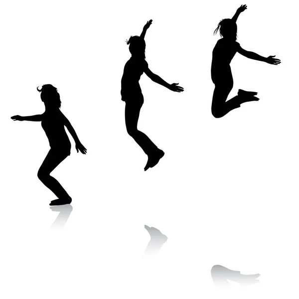 3人の若い女の子のシルエットが手を上げてジャンプ — ストックベクタ