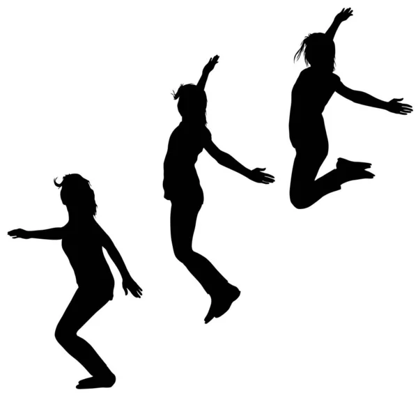 Silhouette Three Young Girls Jumping Hands Motion — Stock Vector