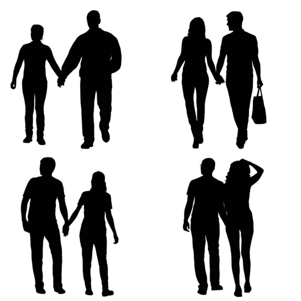 Set Silhouette Man Woman Walking Hand Hand — Stock Vector