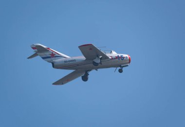 Moskova Rusya Zhukovsky Havaalanı 31 Ağustos 2019: Rus MiG-15 Bis 1120 (Fagot) Uluslararası Havacılık Salonu MAKS-2019.