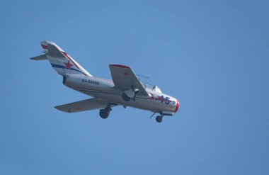 Moskova Rusya Zhukovsky Havaalanı 31 Ağustos 2019: Rus MiG-15 Bis 1120 (Fagot) Uluslararası Havacılık Salonu MAKS-2019.