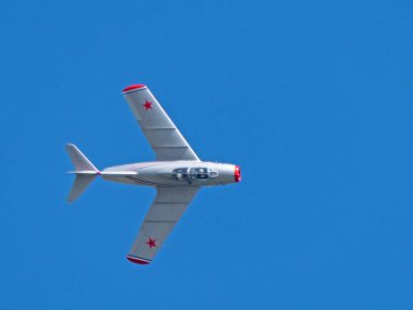 Moskova Rusya Zhukovsky Havaalanı 31 Ağustos 2019: Rus MiG-15 Bis 1120 (Fagot) Uluslararası Havacılık Salonu MAKS-2019.