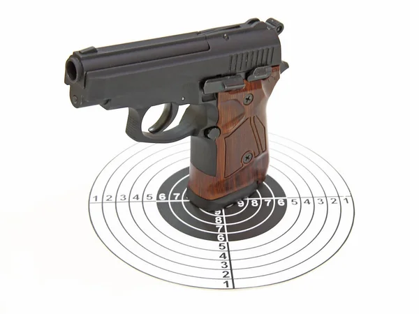 Pistol Brown Handle Target Cartridges Lies White Background — Stock Photo, Image