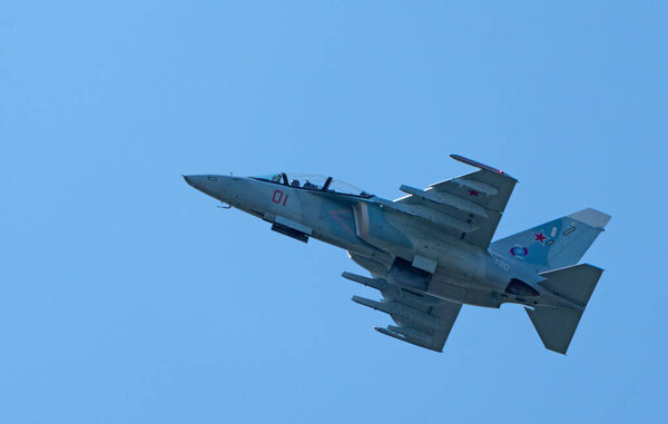 Moscow Russia Zhukovsky Airfield 31 August 2019: aerobatic yak-130 perfoming demonstration flight of the international aerospace salon MAKS-2019.