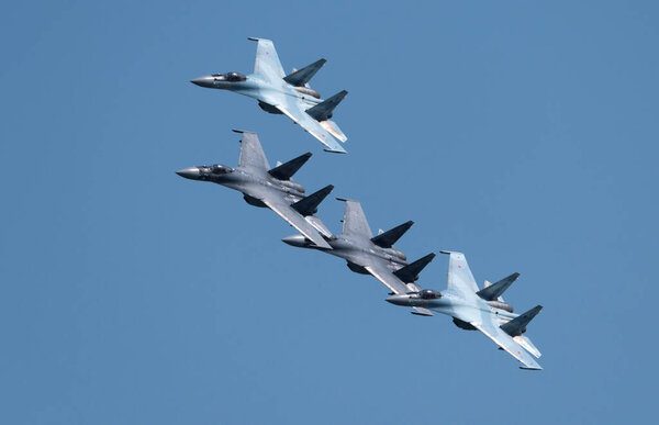 Moscow Russia Zhukovsky Airfield 31 August 2019: Aerobatic teams "Falcons Of Russia" on planes Su-30 of the international aerospace salon MAKS-2019.