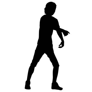 Siyah siluetler, beyaz arka planda yükselen kollu adam..