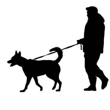 Beyaz arka planda insan ve köpek silueti.
