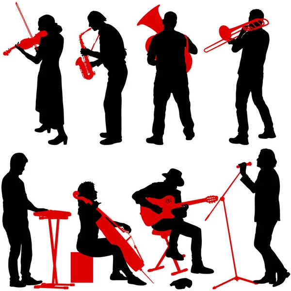 Siluetas Músicos Callejeros Tocando Instrumentos Sobre Fondo Blanco — Vector de stock