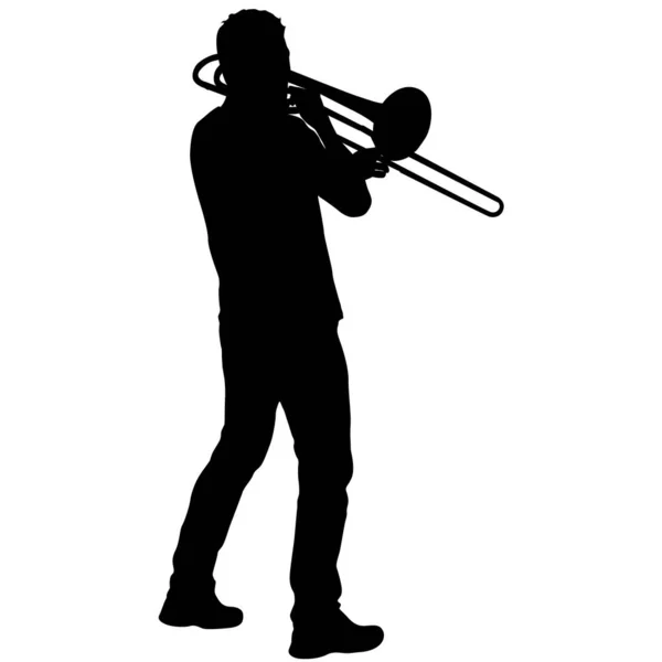 Silhouet Van Muzikant Die Trombone Speelt Een Witte Achtergrond — Stockvector