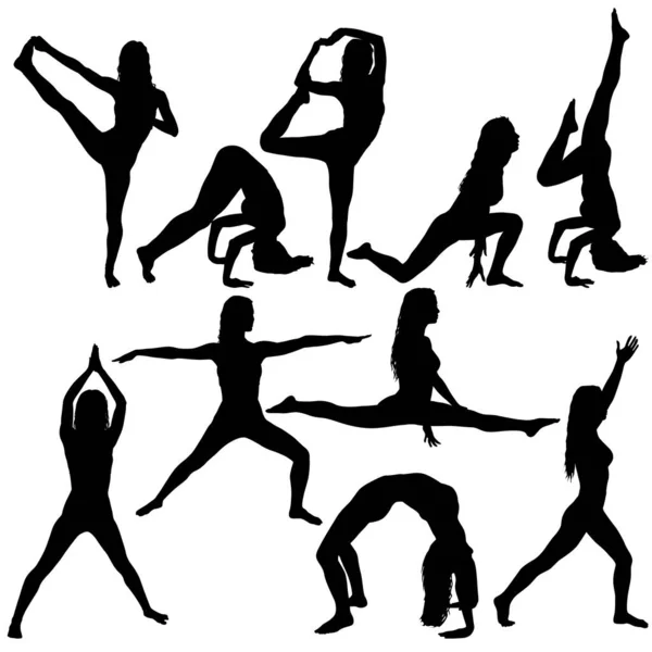 Set Silueta Chica Yoga Clase Pose Sobre Fondo Blanco — Vector de stock