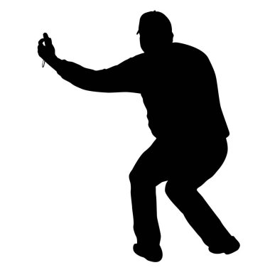 Siluet adam beyaz arka planda akıllı telefonuyla selfie çekiyor..