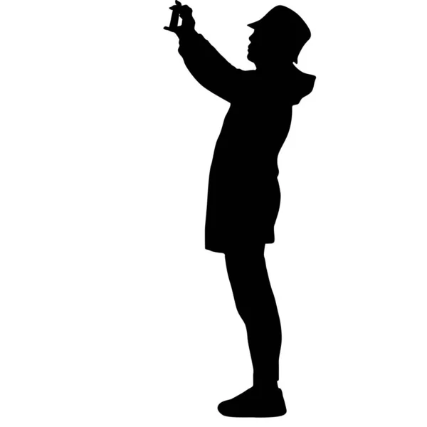 Silhouettes Femme Prenant Selfie Avec Smartphone Sur Fond Blanc — Image vectorielle