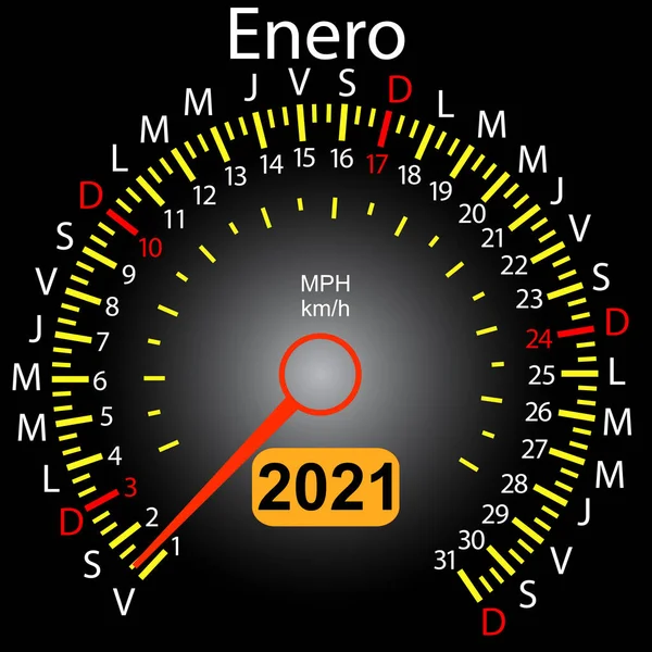 2021 Jaar Kalender Snelheidsmeter Auto Het Spaans Januari — Stockvector