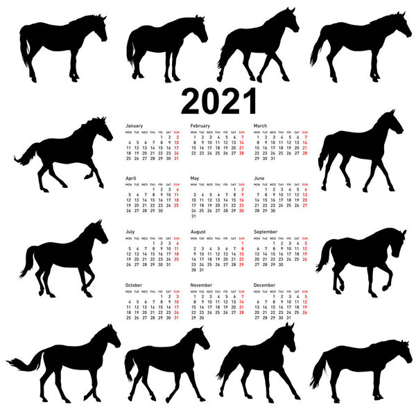 Calendar for 2021 of horse silhouettes isolated on white background.