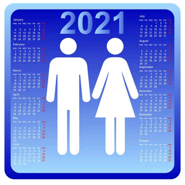 Mujer Hombre Calendario 2021 Semana Comienza Lunes — Vector de stock