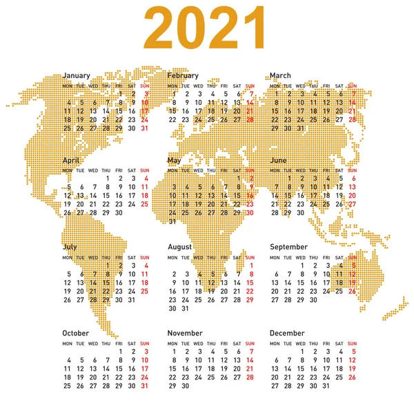 Calendario 2021 Con Mapa Del Mundo Semana Comienza Lunes — Vector de stock
