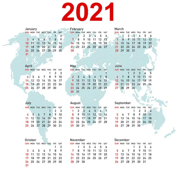 Calendario 2021 Con Mapa Del Mundo Semana Comienza Domingo — Vector de stock
