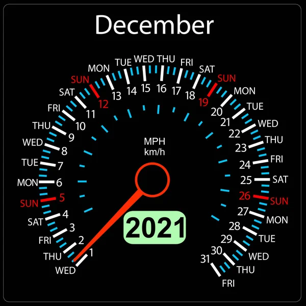 2021 Ημερολόγιο Ταχύμετρο Ένα Αυτοκίνητο Δεκέμβριος — Διανυσματικό Αρχείο