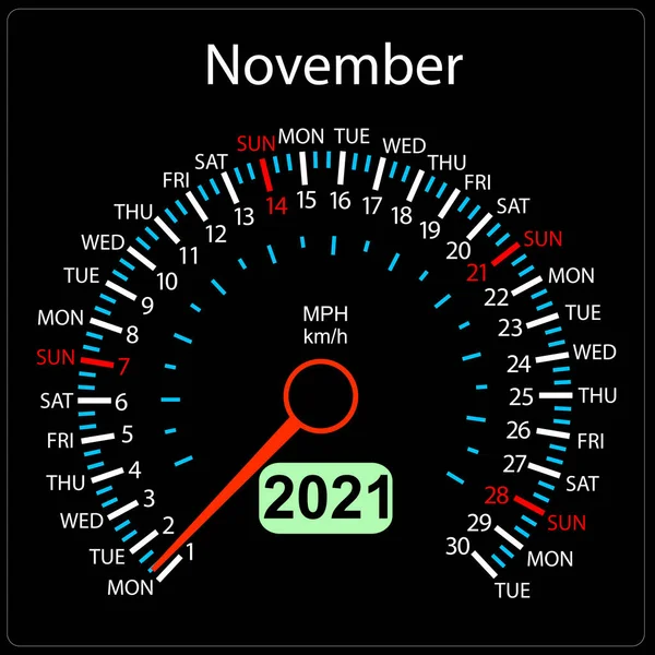 2021 Rok Kalendář Rychloměr Auto Listopad — Stockový vektor
