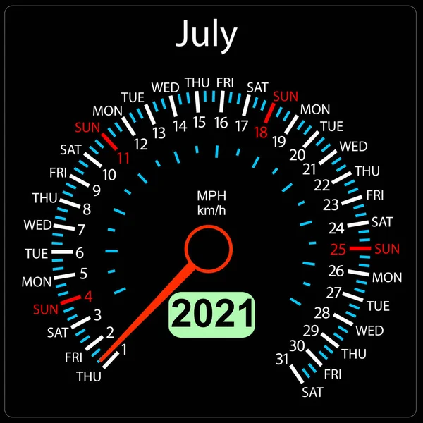 2021 Ημερολόγιο Ταχύμετρο Ένα Αυτοκίνητο Ιούλιος — Διανυσματικό Αρχείο