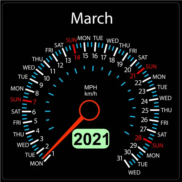 2021 Jaar Kalender Snelheidsmeter Een Auto Maart — Stockvector