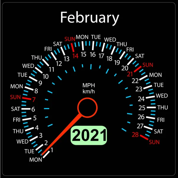 2021 Ημερολόγιο Ταχύμετρο Ένα Αυτοκίνητο Φεβρουάριος — Διανυσματικό Αρχείο