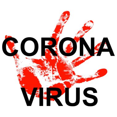 Beyaz arka planda kanlı bir avucun arkasında koronavirüsü durdurun..