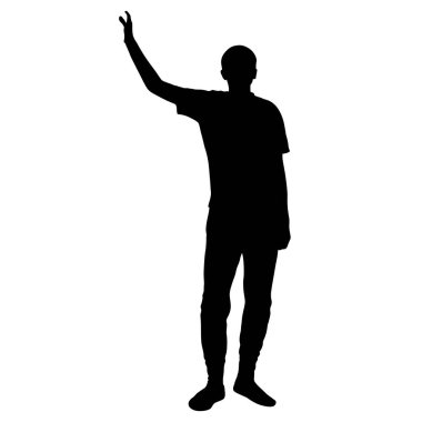 Siyah siluetler, beyaz arka planda yükselen kollu adam..