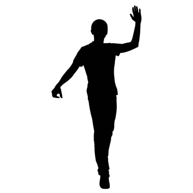 Siyah siluetler, beyaz arka planda yükselen kollu adam..