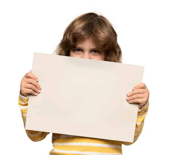 Little boy with empty advertising banner — Stock Photo, Image