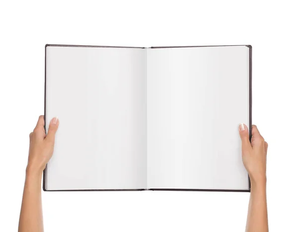 Manos femeninas sosteniendo libro abierto en blanco — Foto de Stock