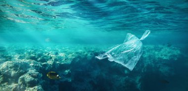 Ocean pollution concept, plastic bag floating in the water