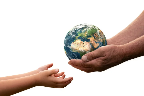 Close Senior Hands Giving Small Planet Earth Child Isolated White — Stockfoto