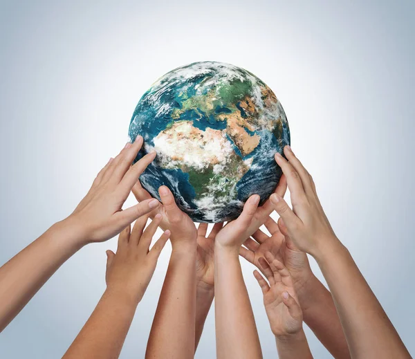 Many Children Hands Holding Planet Earth Isolated Blue Background Copy — Stock Photo, Image