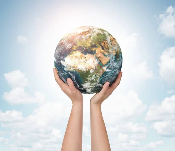 Child Hands Holding Planet Earth Blue Sky Background Copy Space — Stock Photo, Image