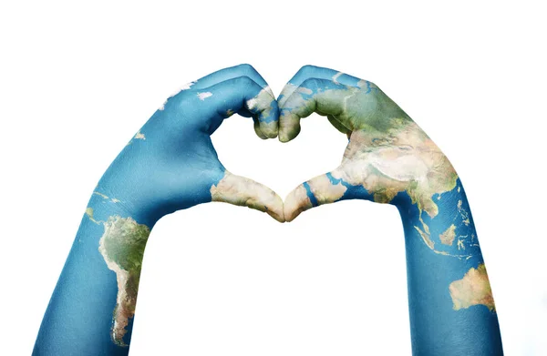 Close Child Hands Painted World Map Formig Heart Shape Isolated — Stock Photo, Image
