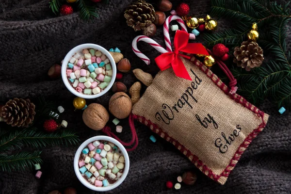 Vista superior con cacao y malvaviscos en la parte superior, con decoraciones navideñas y bolsillo con nueces . —  Fotos de Stock