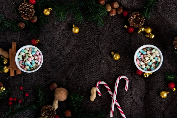 Christmas Design.Top view with cacao and marshmallows on top, with christmas decorations.Copy Space . — стоковое фото